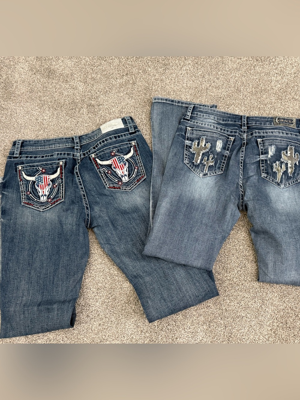 Grace Jeans Women’s Blue Embroidered Pocket Jeans - Rustic Cactus & Steer Design